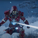 Eivor in an Iron Man suit shoots a laser beam.